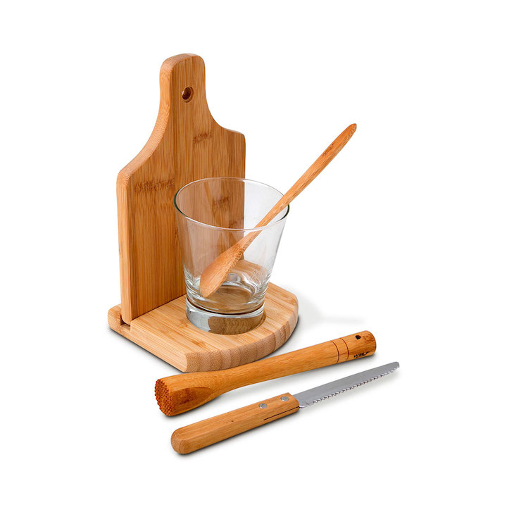 Kit para caipirinha em bambu com seis peças, R$ 99,00